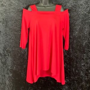 Chico’s Crimson Red Top Tunic Cold Shoulder Sz 1 VGC